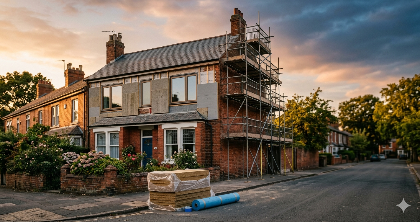 UK Victorian end-of-terrace red-brick house mid-renovation at golden hour, with scaffolding wrapping the gable, external wall insulation boards partly installed, new triple-glazed windows visible, and a stack of wood fibre insulation boards on the pavement