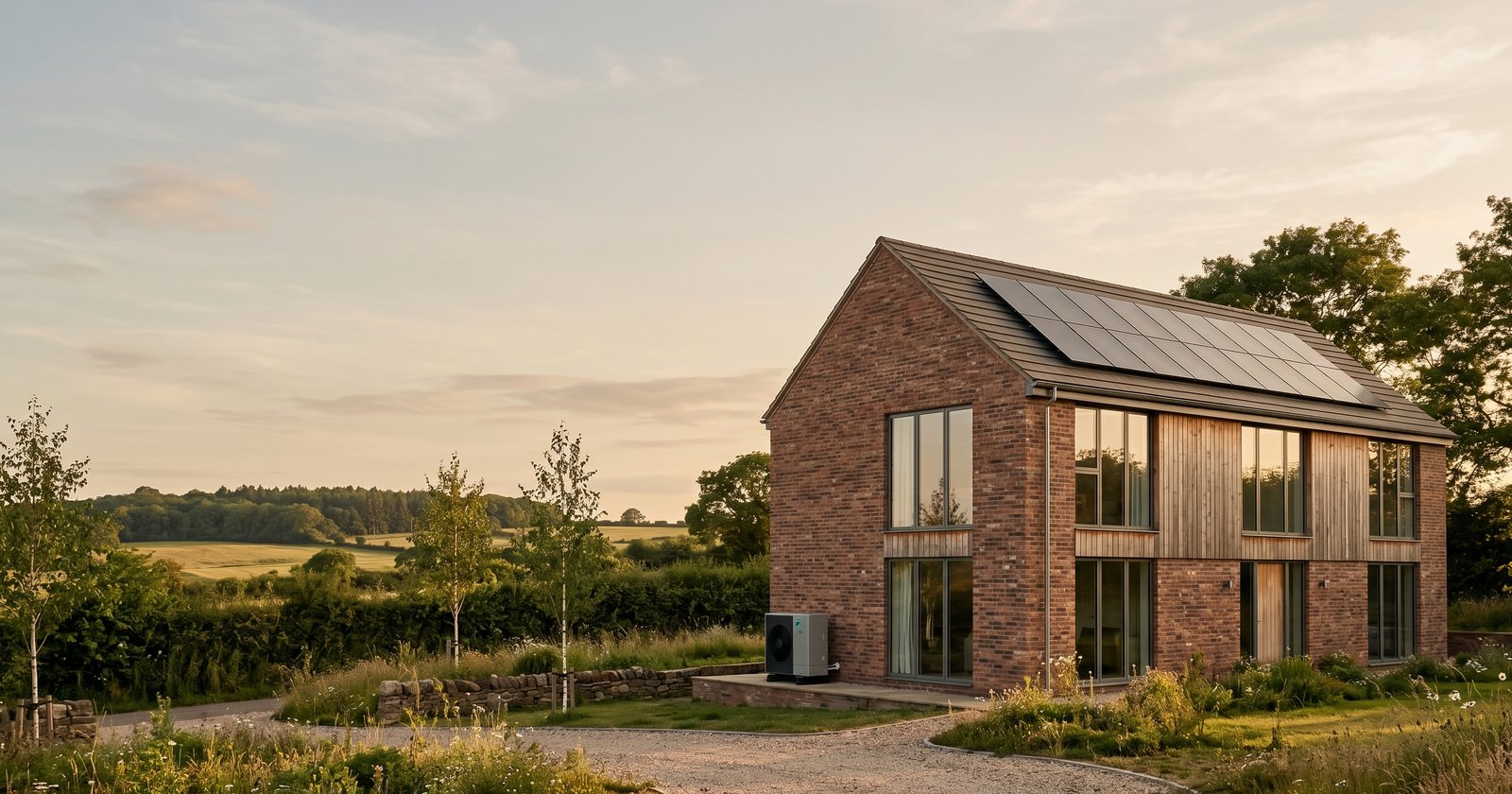 A newly built energy-efficient house at golden hour with rooftop solar PV panels and an air-source heat pump, brick and timber cladding, in the rural West Midlands