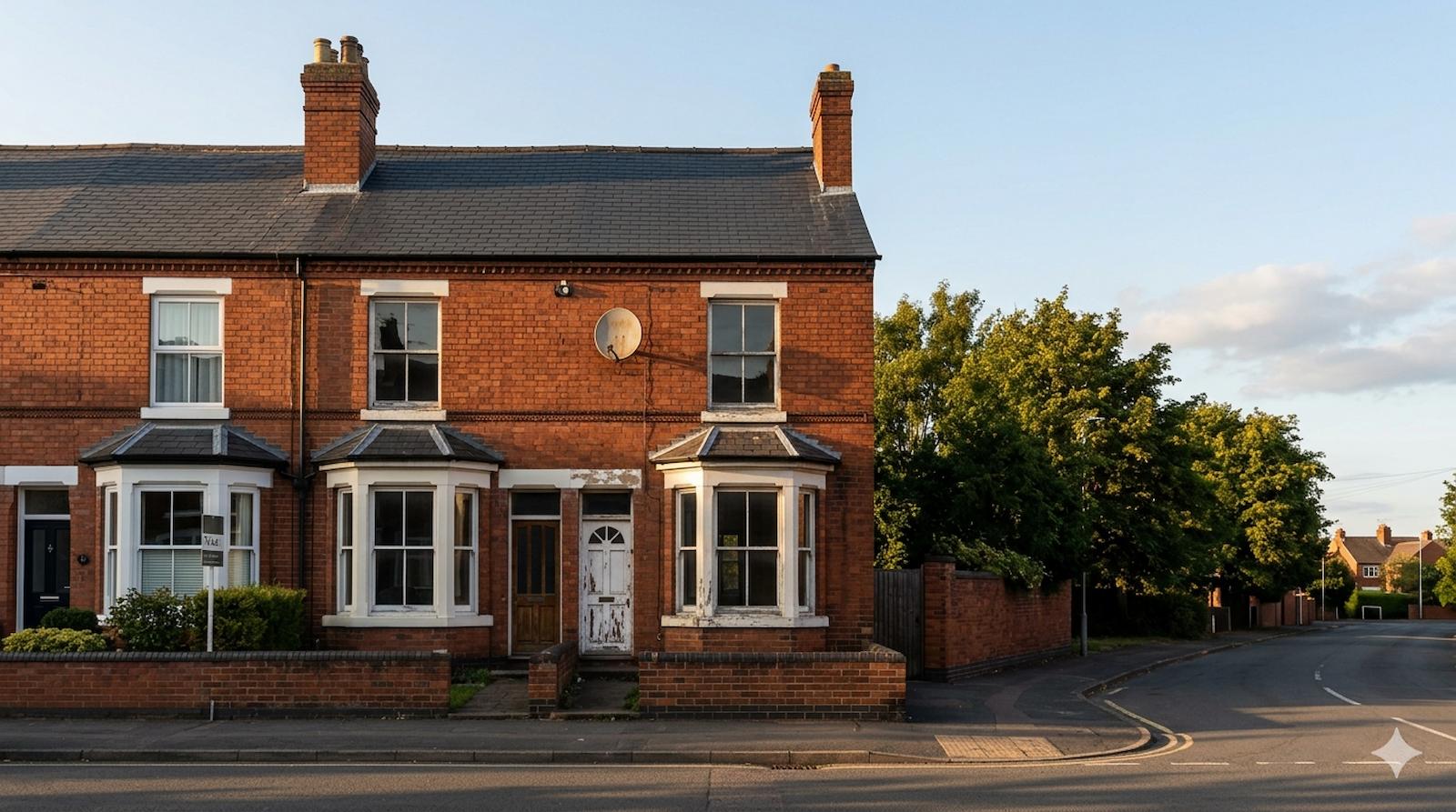 A row of three Victorian / Edwardian red-brick terraced houses on a quiet UK Midlands street at golden hour — classic private-rental sector stock that 2030 MEES rules will apply to, with mature street trees casting soft shadows across the pavement