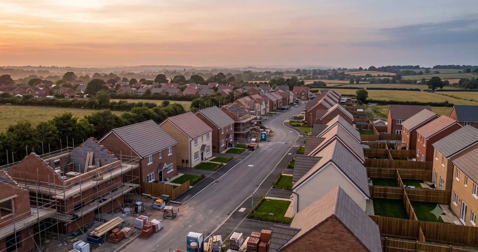 Aerial view at dusk of a British new-build housing estate under construction — completed brick and render houses with concrete roof tiles alongside scaffolded shells, with open countryside beyond