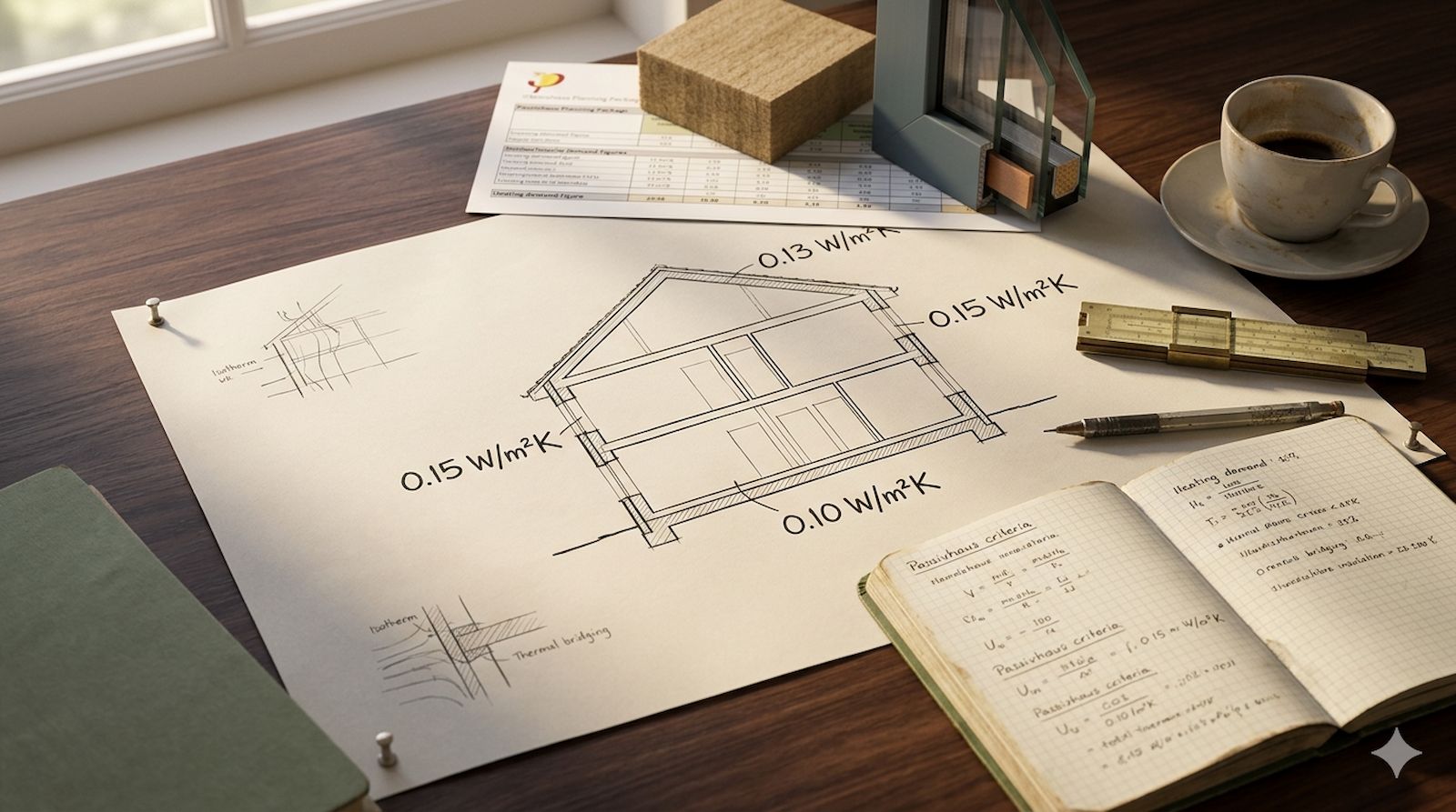 A Passivhaus designer's walnut desk in soft window light — hand-drawn architectural section of a UK detached house with annotated U-values (0.15, 0.13, 0.10 W/m²K), a PHPP-style printed spreadsheet, wood fibre insulation sample, triple-glazed window edge with warm-edge spacer, brass slide rule and notebook