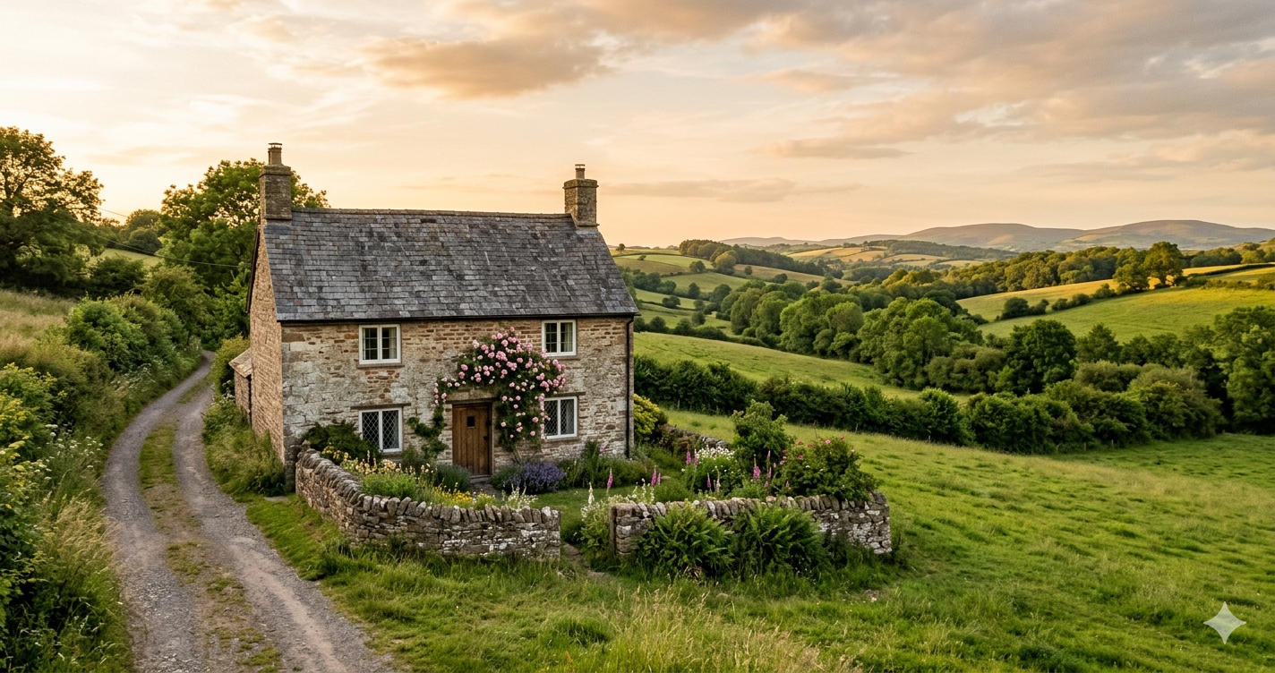 Traditional pre-1900 sandstone cottage with slate roof, lime-pointed rubble walls and a climbing rose around the front door, set in the rolling Herefordshire / Welsh borders countryside at golden hour