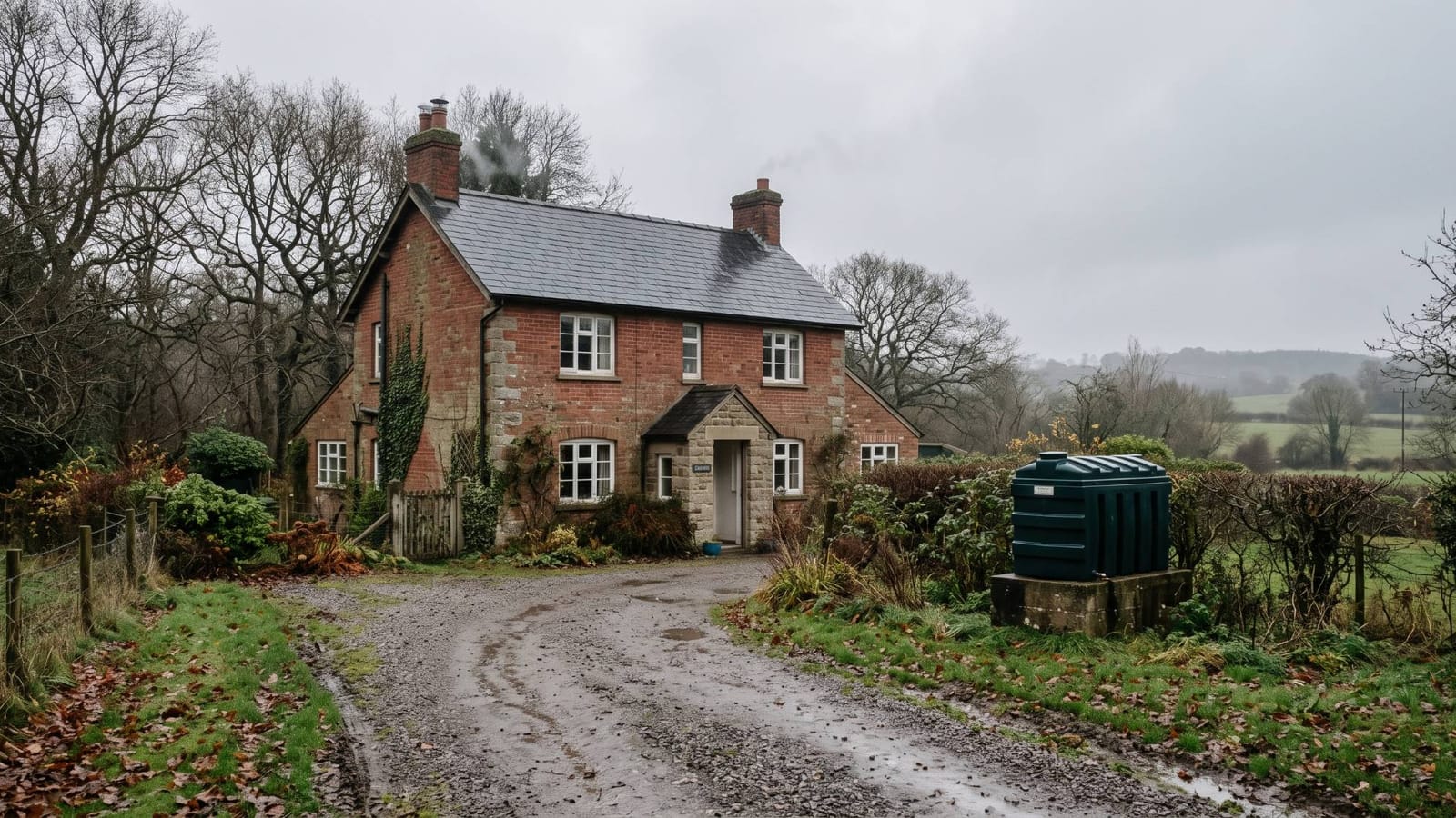 Detached brick house on the Welsh border with a domestic heating oil tank beside it